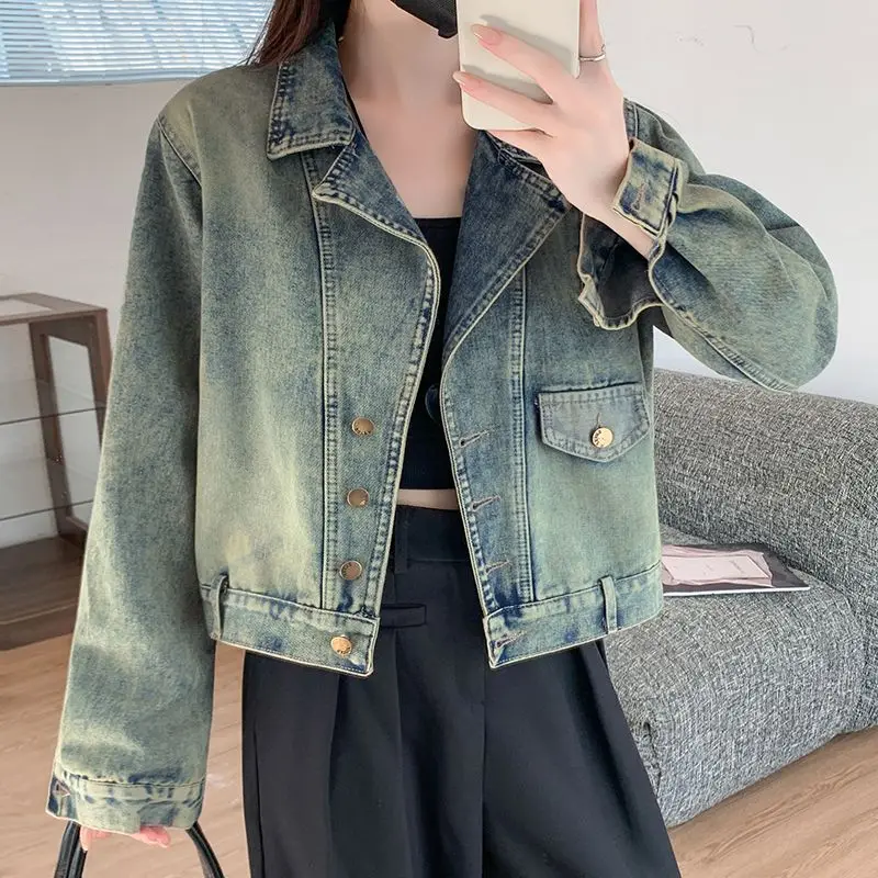 

Джинсовая куртка с воротником в стиле ретро, женская весенне-осенняя дизайнерская короткая тонкая повседневная куртка