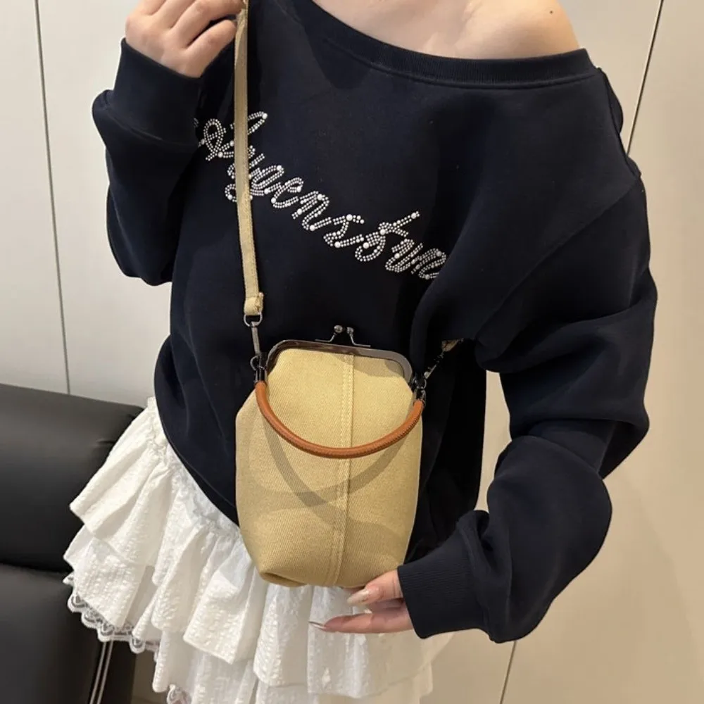 

Портативная тканевая сумка через плечо с застежкой Kiss Lock в корейском стиле, однотонная, художественная, в форме ведра, женская сумка для путешествий