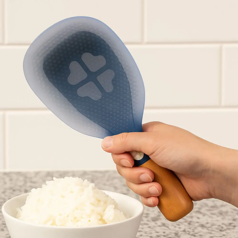 

Wooden Handle Silicone Rice Spoon Non-stick Household Heat-resistant Spoon with Convex Points Rice Cooker Spoon Home