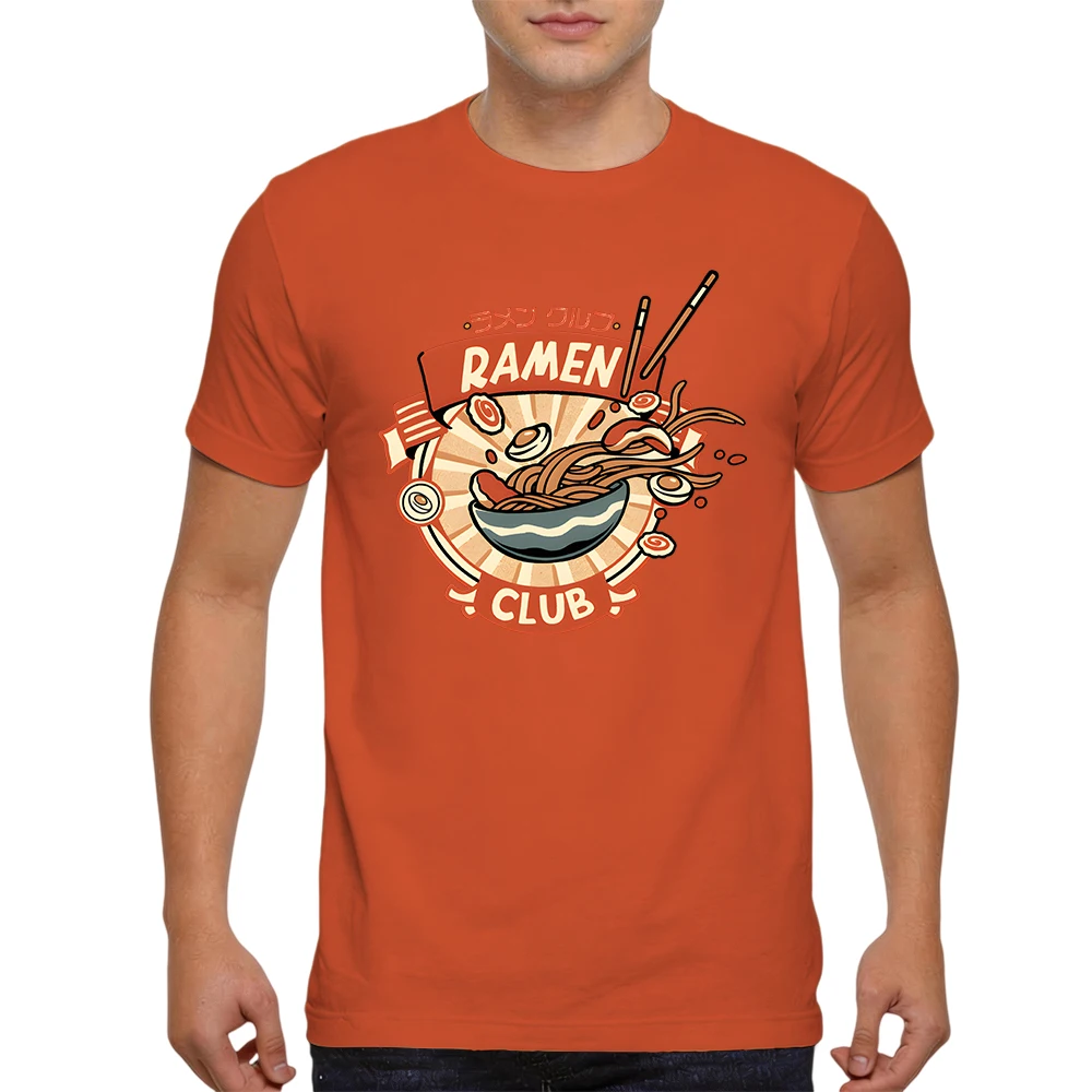 New Summer Mens 100% Cotton T Shirt Ramen Club Japanese Noodle Bowl Vintage Badge Print Breathable Short Sleeve Daily Wear