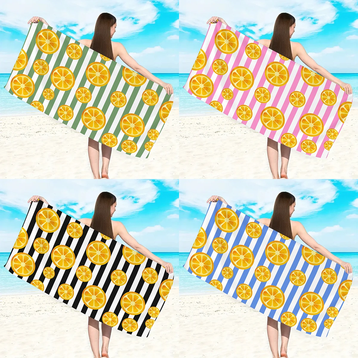 1 toalla de playa con estampado de limones y rayas de colores, de fibra ultrafina, adecuada para acampar, playa, natación, toalla de playa esencial