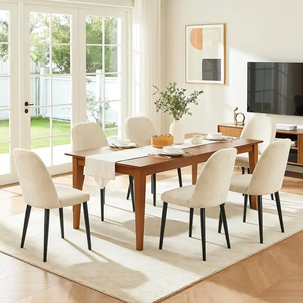 

Set of 6 High-Back Padded Chenille Upholstered Dining Chairs with Metal Legs, Beige