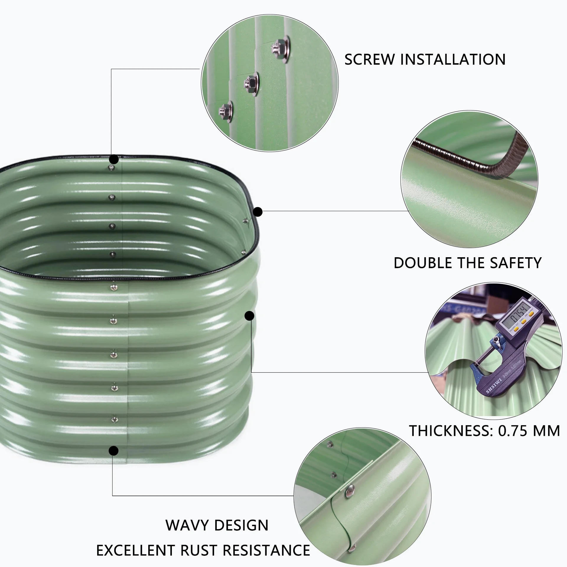 Modular Corrugated Raised Garden Bed, Powder Coated Stainless Steel Outdoor Planter Box, Durable Flower Pot Container