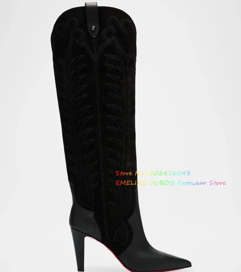 3D Embroidered Leather Splicing Knee High Boots Women Pointed Toe Stiletto Heel Slip On Designer Brand Winter Trendy Booties