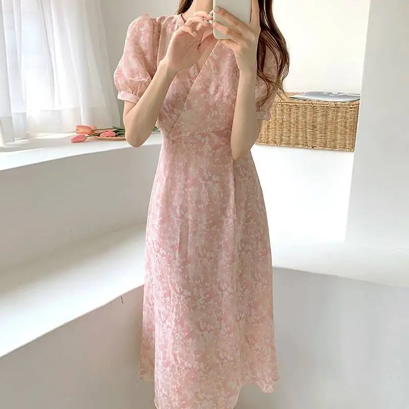 韓国風プリントドレス 夏 セクシー クロスVネック パフスリーブ シフォンドレス レディース ヴィンテージ ピンク 花柄 ロングドレス ワンピース
