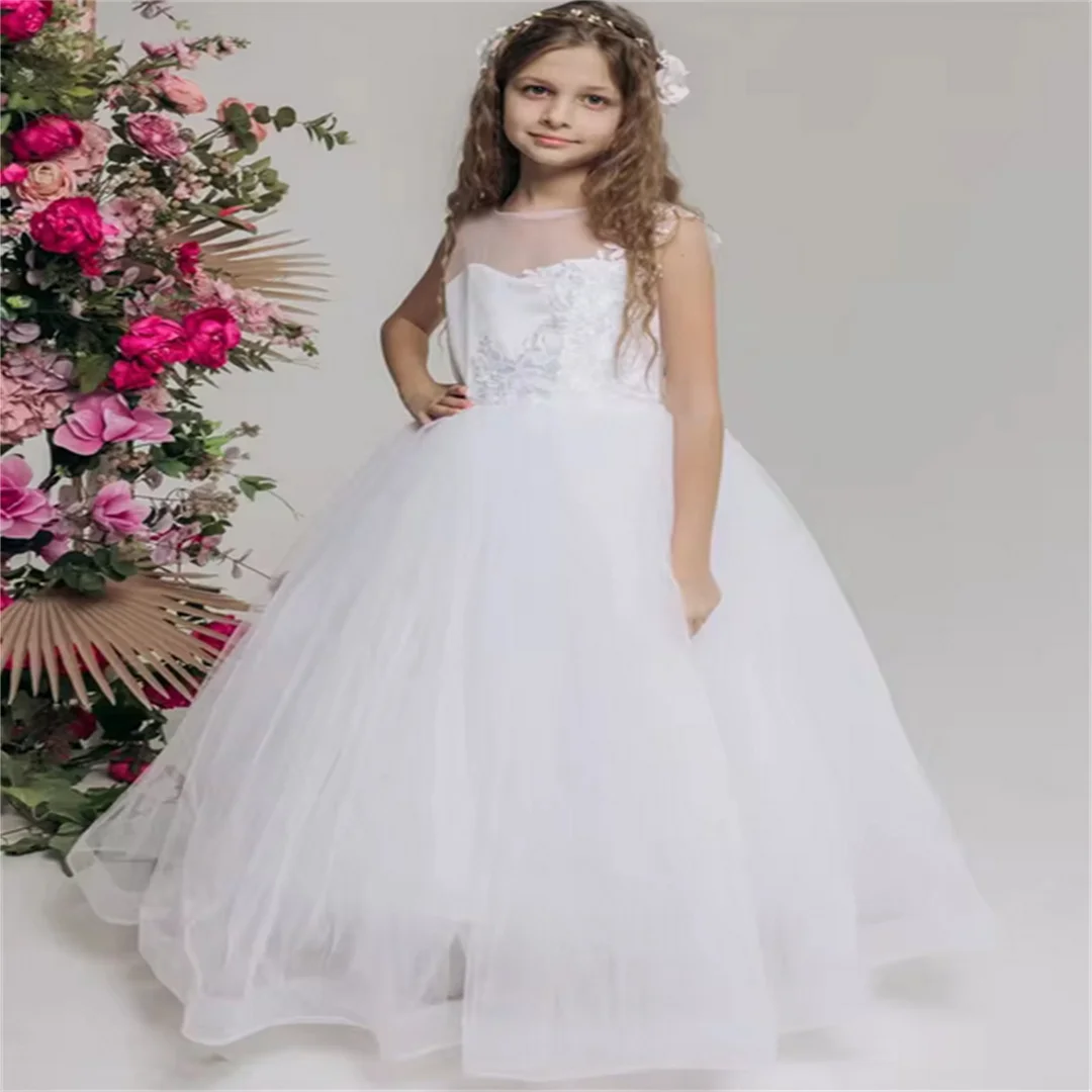 White Flower Girl Dress Tulle Puffy Appliques Sleeveless For Wedding Party First Communion Gowns Kids Birthday