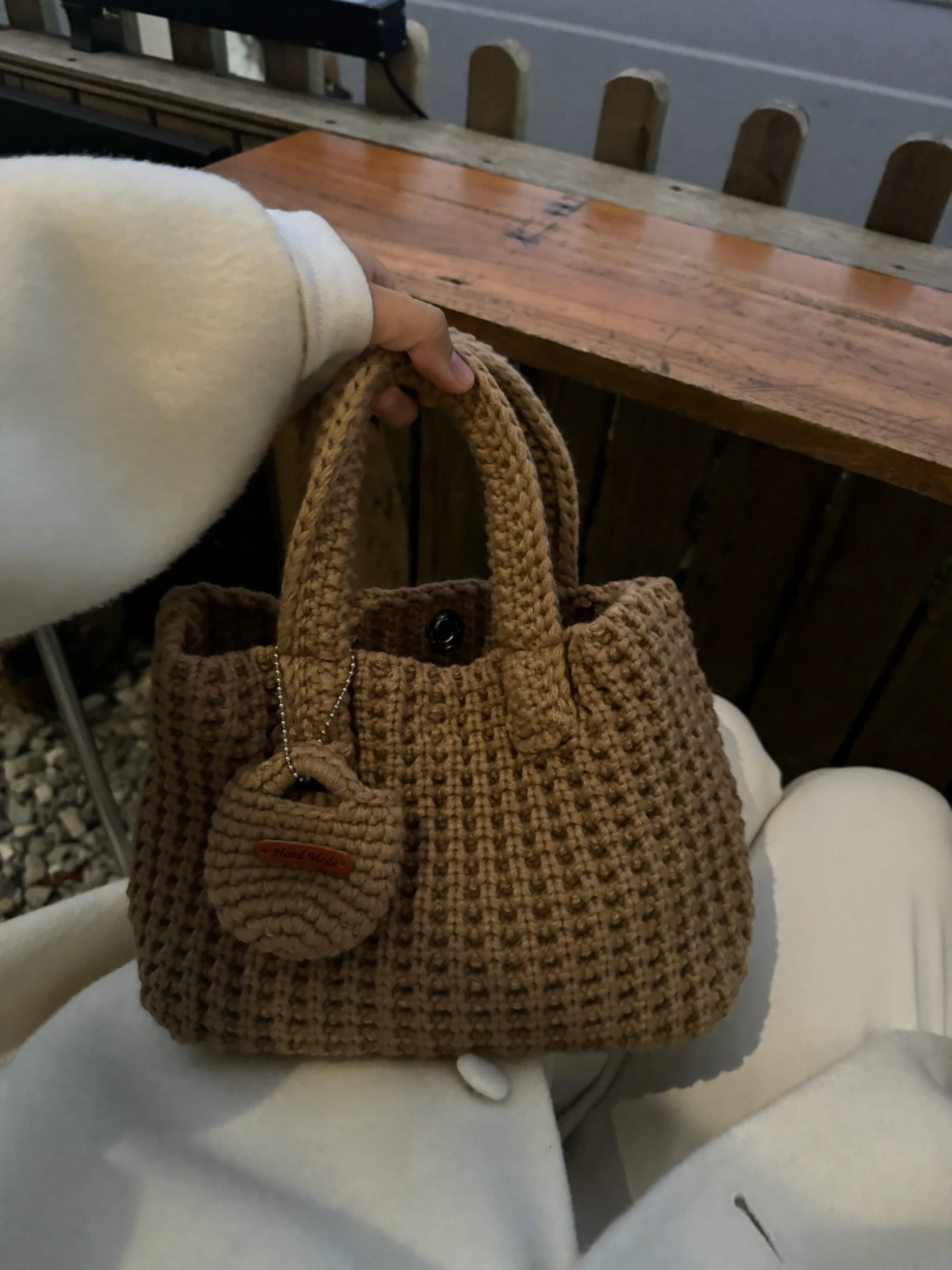 

Hand Knitted Woolen Bag Vintage Coffee Color Handbag Soft Square ape Commuter Sle Inner Patch ket No Lo Available