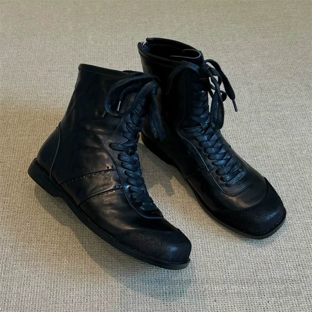 Black Washed Cowhide Boxing Style High Top Short Boots Men Square Toe Splicing Back Zipper Retro Commuting Casual Leather Boots