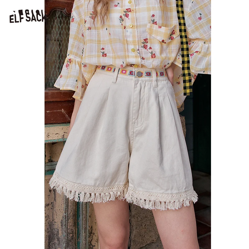 

ELFSACK Boho Lace Trim High-Waisted Shorts, Colorful Embroidered Waist Pleated Shorts, Casual Vintage Loose Bottoms for Women