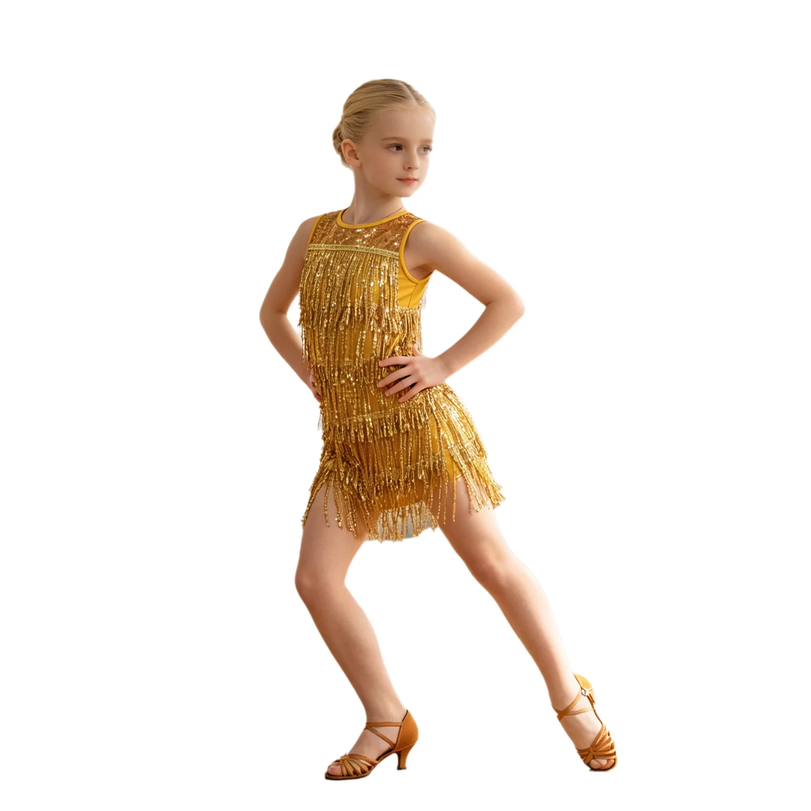 

Kids Girls Rhythmic Latin Dance Costume Sleeveless Round Neck Sparkling Sequin Tassel Dress Rumba Dance Stage Performance Outfit