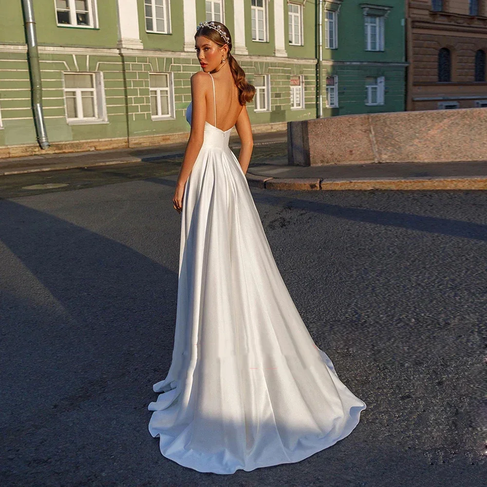 Flavinke Sexy Spaghetti Straps Wedding Dresses V Neck Backless Satin Bridal Gown Sweep Train Vestidos De Novia Marriage Dresses