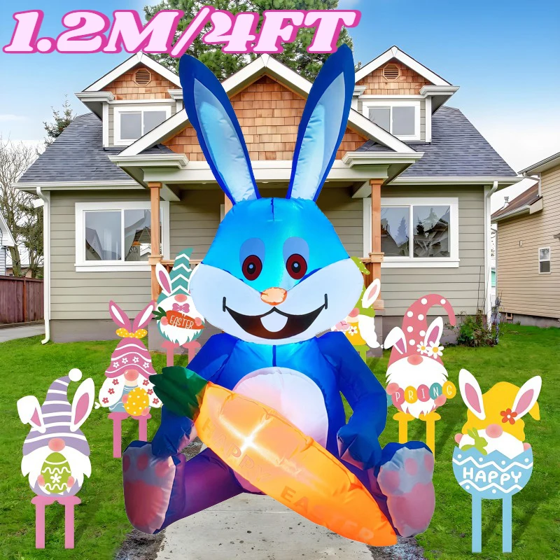 1.2M/4FT Happy Easter Inflatable Toys Blue Rabbit Decorations Built-in LED Lights Model Outdoor Decor Yard Prop Garden Ornaments