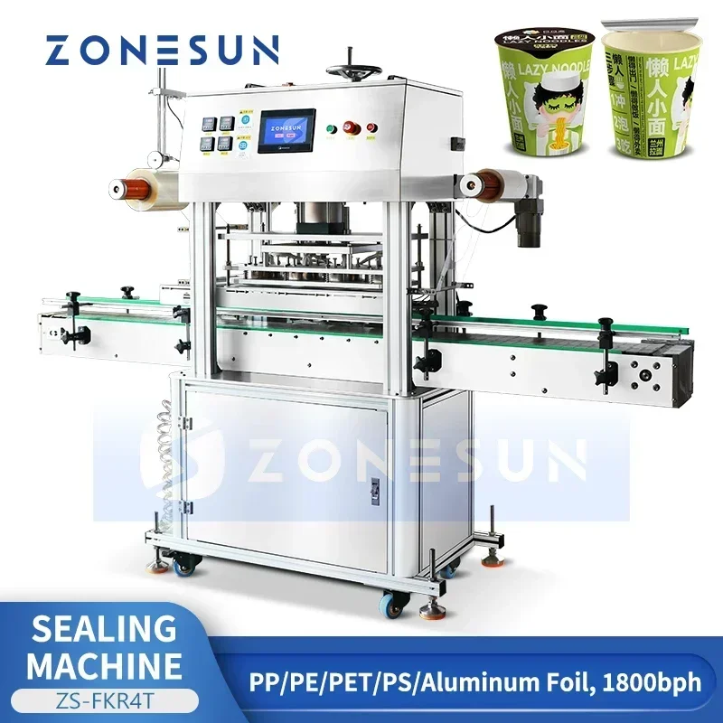 ZONESUN ZS-FKR4T Auto Jar Bottle Sealing Machine 4 Heads Film Roll Heat Press Sealer Plastic Cup Aluminum Foil Lid Packaging view 2