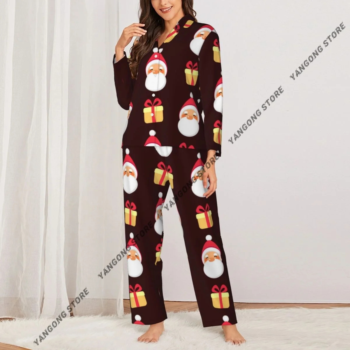 Women Sleepwear Pajamas Cute Santa Claus With Gift Box Pattern Long Sleeve Pijama Female Set Negligee Cardigan Suit