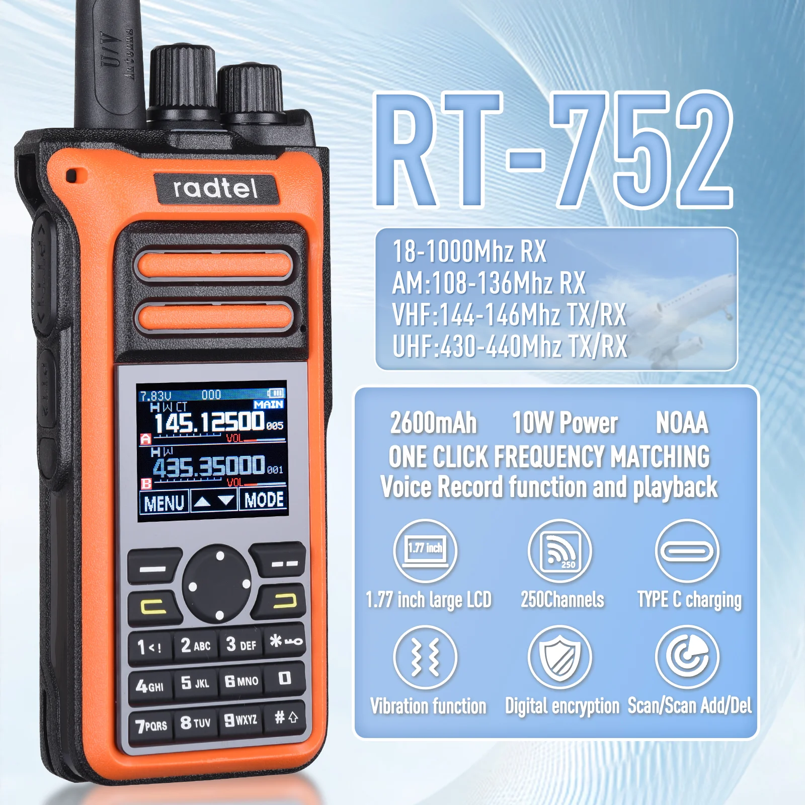 Radtel RT-752 10w banda de ar walkie talkie banda completa amador presunto 250ch ht USB-C bateria noaa fm am gravação vibração