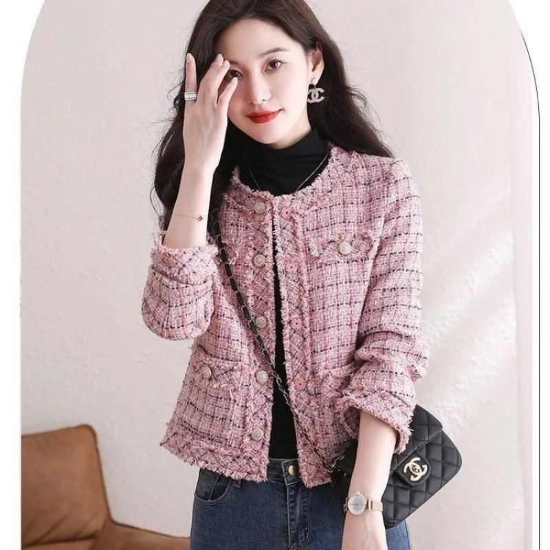 Korean Chic Woman Tweed Jacket Long Sleeve Tweed Blazer Pink Coat Cropped Jacket Luxury Outerwear Pocket Button New