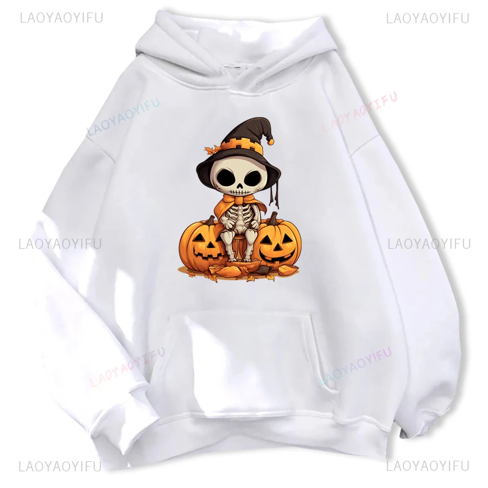 Halloween Bones Witch Pumpkin Graphic Hoodies Woman Man Autumn and Winter All Saints' Day Orange Sweatshirt Creative Hoody