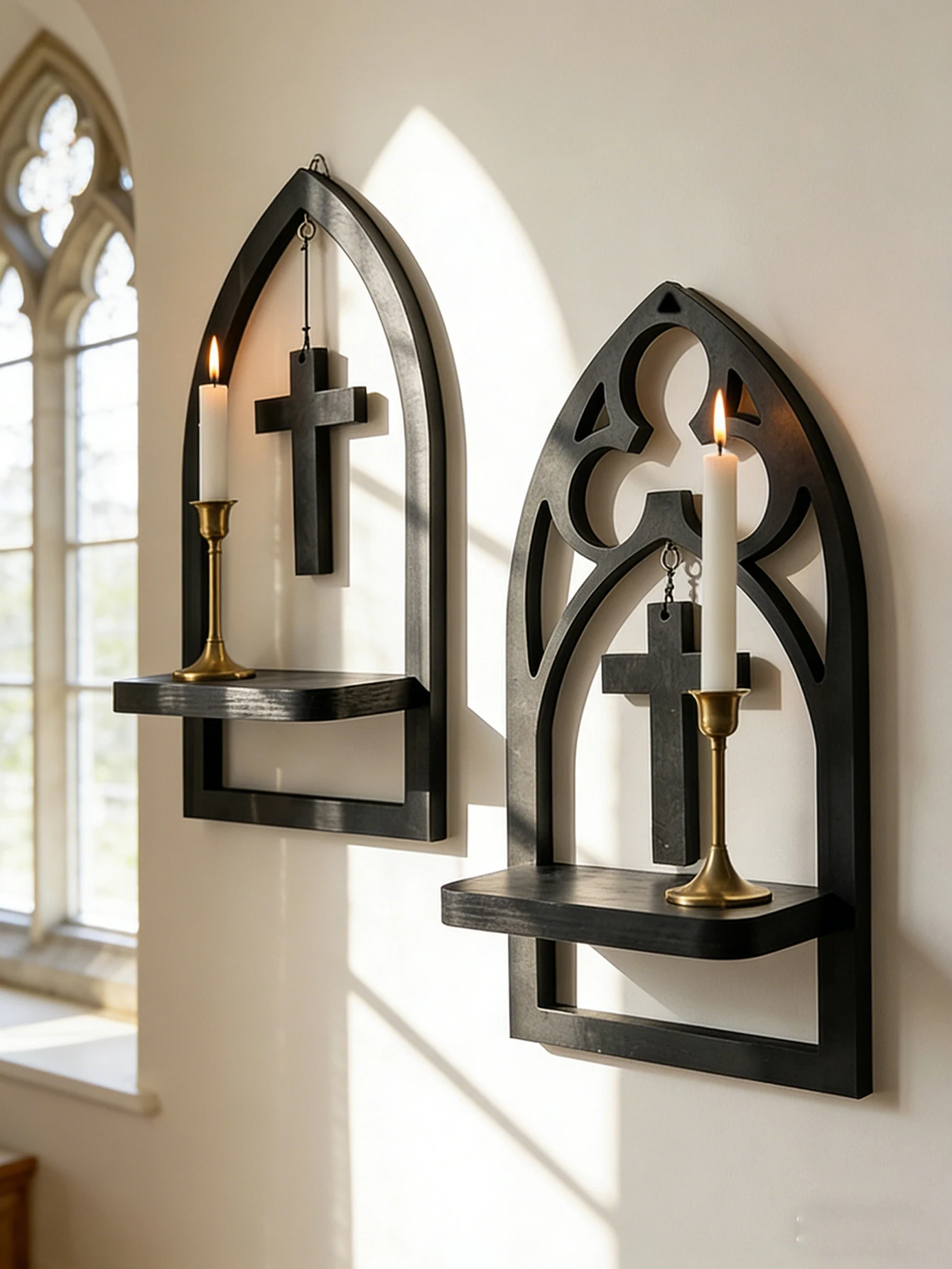 Gothic Wooden Wall Shelf with Hanging Cross, Cathedral Arch & Coffin Shape Floating Candle Holder, Display Rack Home Wall Decor