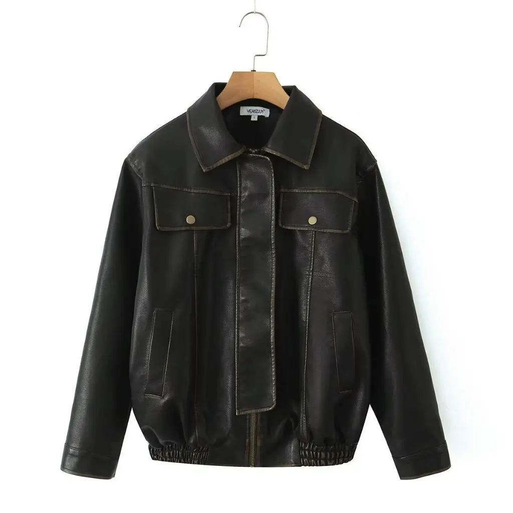 Giacca da donna in pelle PU vintage stile motociclista lucido dai colori vestibilità ampia abbigliamento autunnale tendenza della moda europea e americana