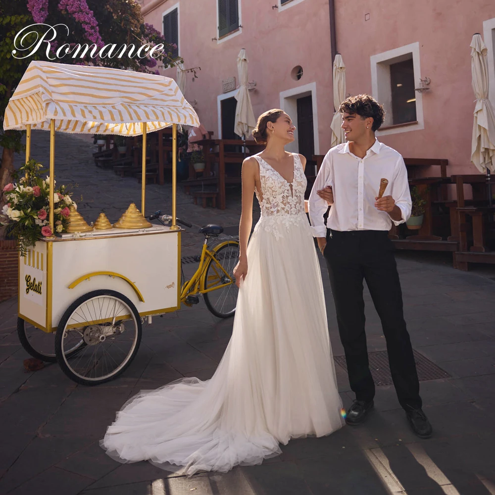 Elegant Pleat Lace V-Neck A-Line Wedding Dress Spaghetti Strpas Open Back Sleeveless Bridal Gown Vestidos De Novia Customized