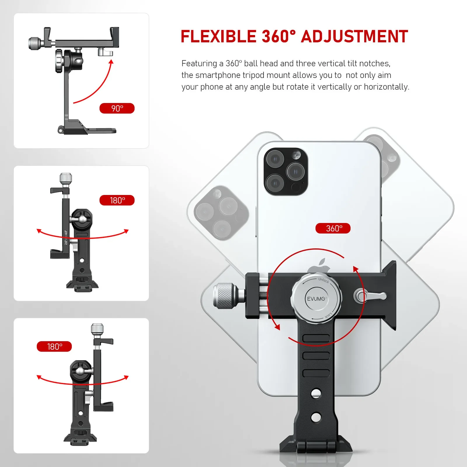 EVUMO Vertical Shooting Smartphone Metal Phone Holder Mount 360° Rotatable Holder Tripod Mount Stand for iPhone Huawei Xiaomi