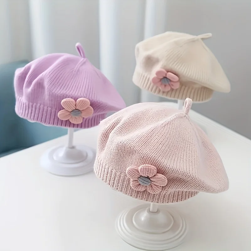 Flower Baby Beret Hat Winter Warm Knitted Beanie Cap for Infant Girls Korean Toddler Princess Artist Solid Color Painter Caps