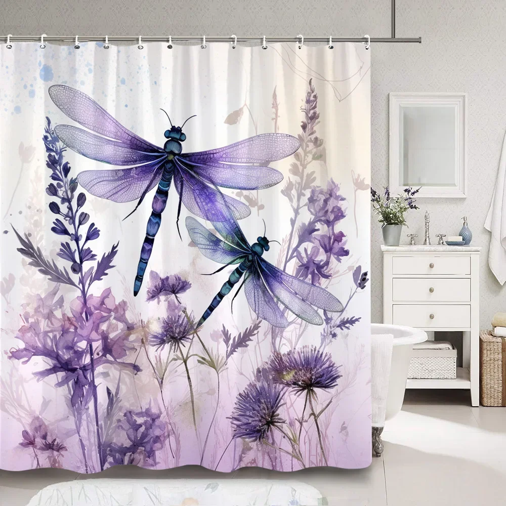 Dragonfly Watercolour Shower Curtain Dandelion Lavender Flower Polyester Fabric Home Art Bath Curtains Bathroom Decor with Hooks