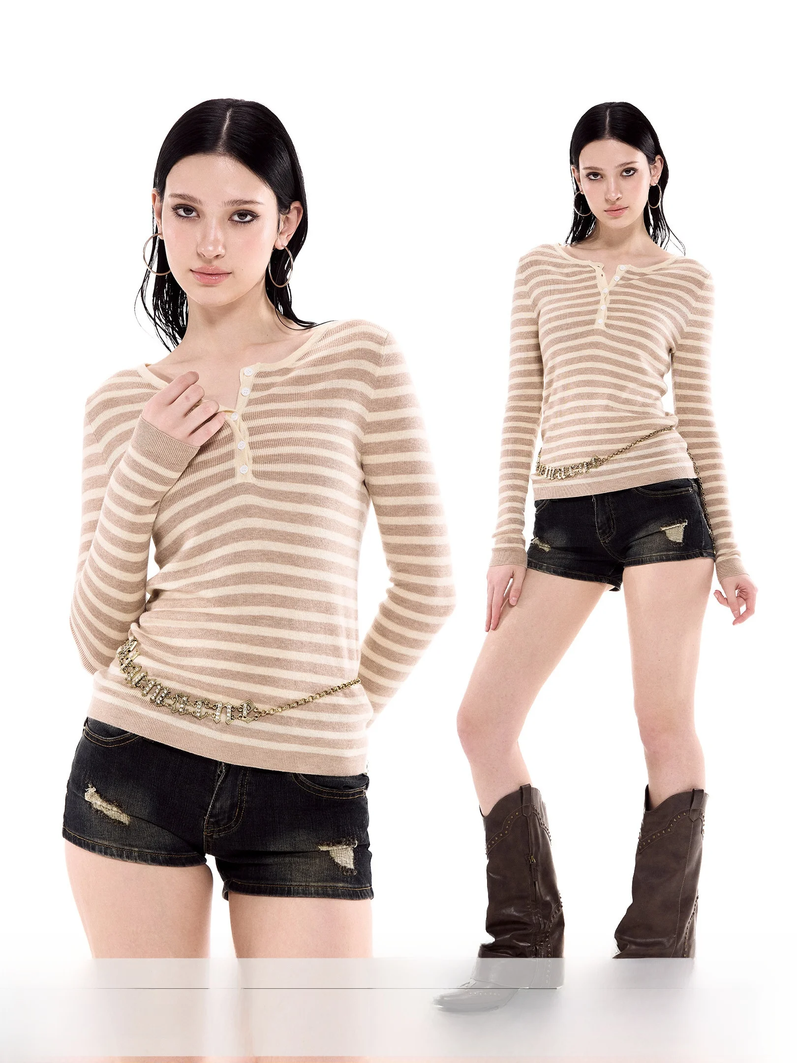 

Slim Fit Long Sve Knitted Henley Ne T-irt Women's Summer New Sle ICH MODE Casual Sle Striped Top Waist in