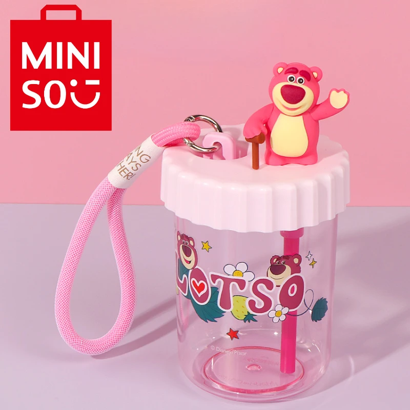 Miniso Cartoon Disney Cute Lotso Strap Suction Plastic Water Cup Alien Large Capacity Portable Cup with Straw Children's Gifts