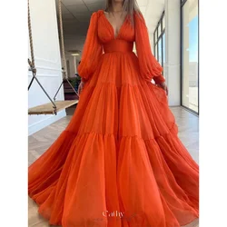 Cathy Orange Chiffon Wedding Dress V-neck A-line Empire Waist فساتين سهرة Elegant Puffy Sleeves Floor-length vestidos de fiesta