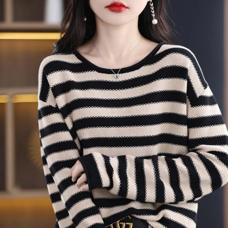 New Spring and Autumn Fashion Lazy Style Retro Stripe Contrast Round Neck Loose Versatile Slim Long Sleeve Women\'s Sweater