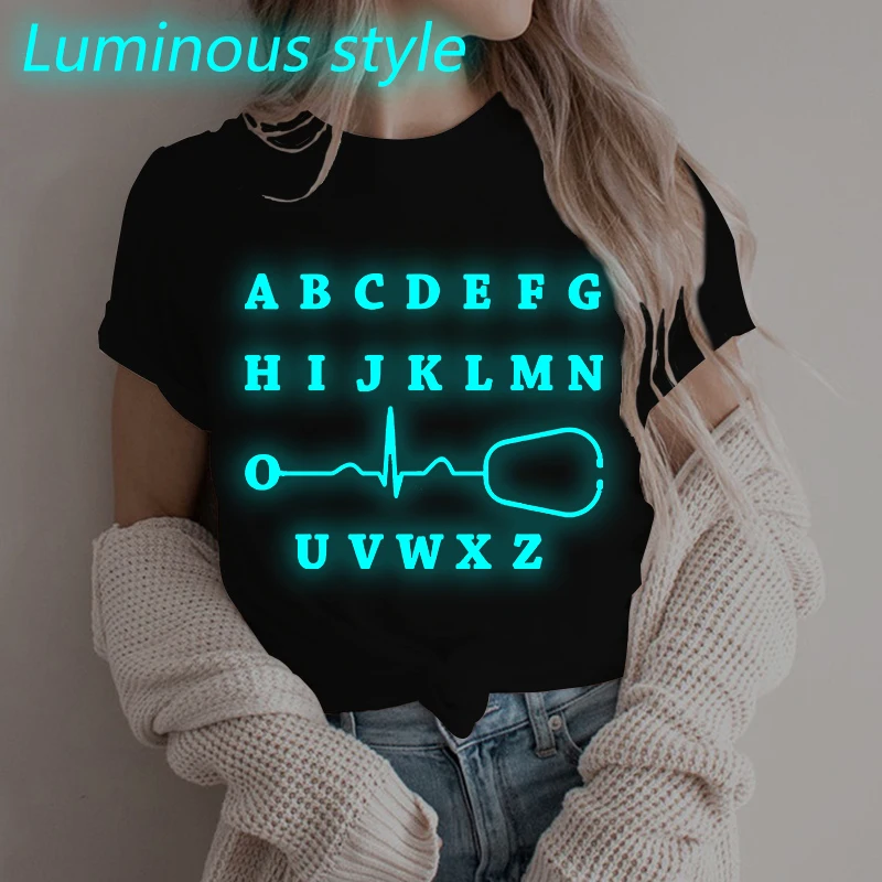 Nurse PQRST Alphabet Heartbeat Stethoscope Print T-shirt Women Men Short Sleeve Nurse Medical Staff Tshirts Gifts
