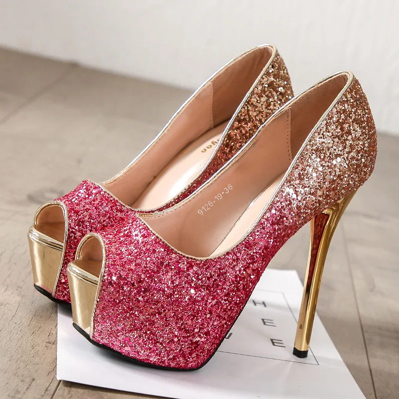 

Women 12cm 14cm High Heels 4cm Platform Nightclub Peep Toe Pumps Lady Wedding Bridal Sequins Bling Stiletto Heels Catwalk Shoes