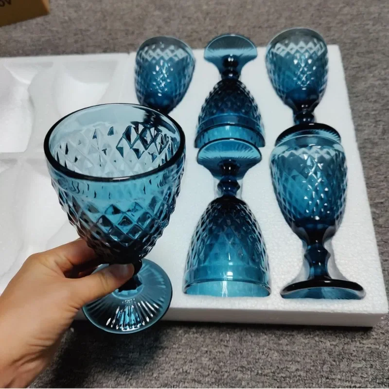 Blue Wine Glasses set of 6 Colored Drinking Goblets Vintage Embossed Glassware 10oz Pretty Water Stemmed Cup Wedding Party Bar