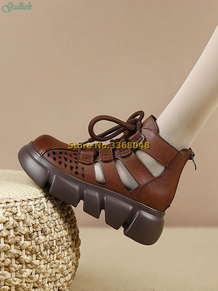 Hollow Muffin Heel Short Booties Lace Up Round Toe Cut Out Cow Leather Summer Women Sandals Flat Casual Comfortable Shoes