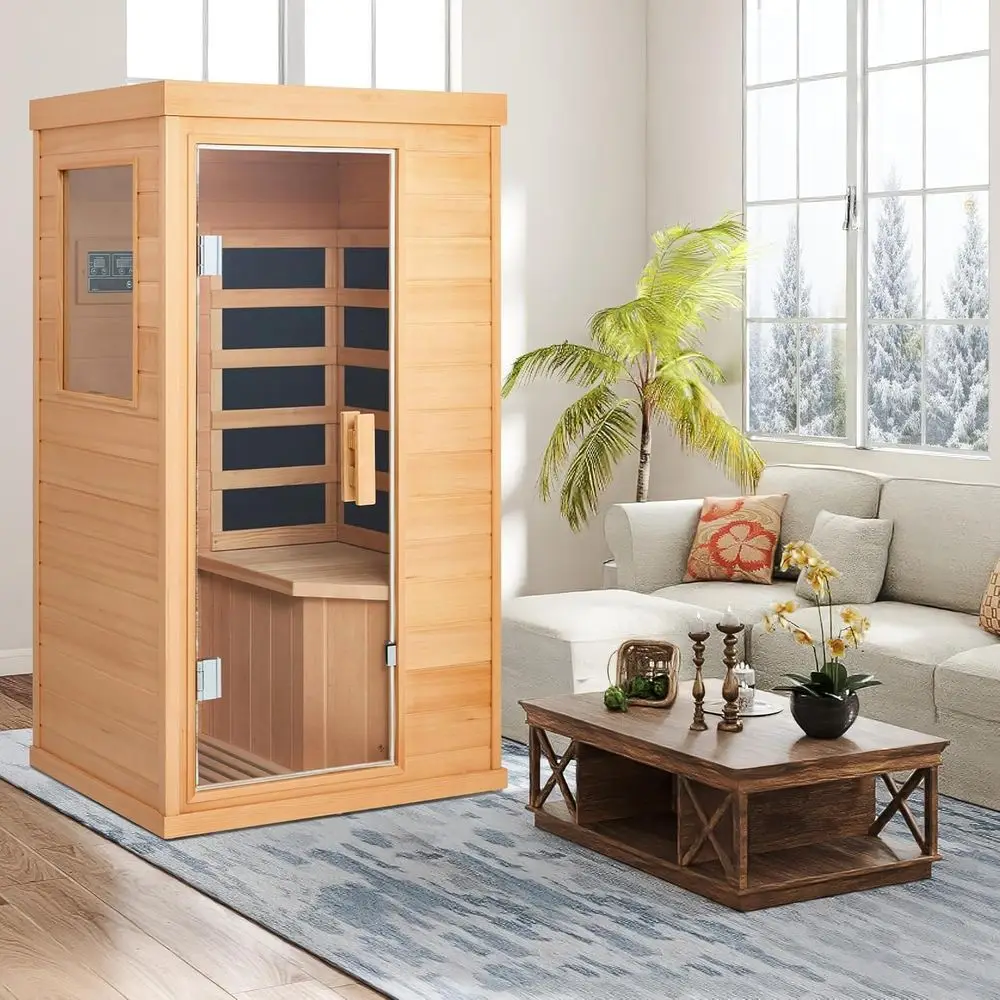 Compact Hemlock Wood Infrared Sauna for One with 4 Heating Panels, Bluetooth Speaker, Tempered Glass Door, Easy to Use, 110V