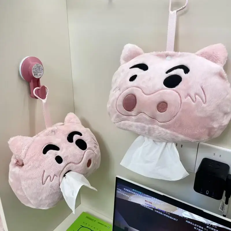 Kawaii Plush Tissue Box Cover Cute Hanging Pink Pig Tissue Holder Creative Cartoon Crayon Shin-Chan Home Car Paper Storage Pouch
