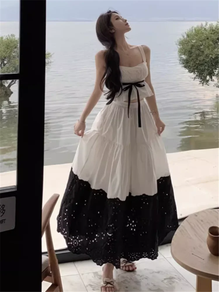 

Vacation Style Contrast Black White 2 Pieces Sets Bow Short Camis Tank Top&Hollow Out Maxi Long Skirt 2pc New Summer Dress Suits