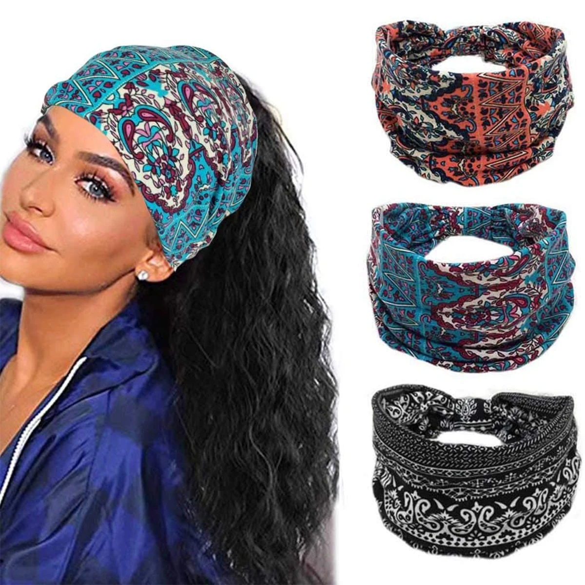 New Women\'s Bohemian Wide Headband Knotted Yoga Hijab Striped Headband Elastic Hijab Headband Hair Accessories