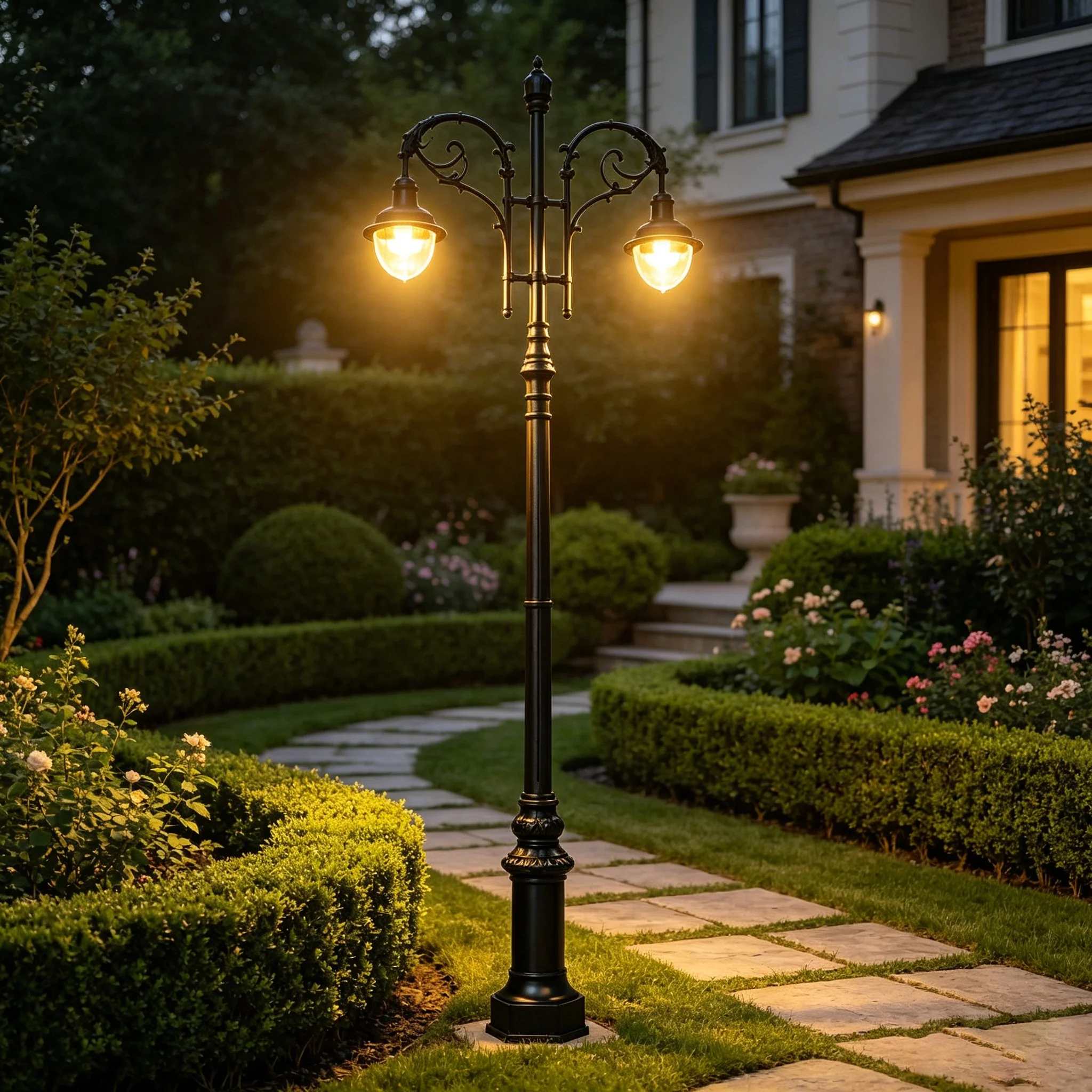 2-Head Aluminum+Cast Iron Electric IP65 LED 30W Lamp Post for Outdoor Garden Paths and Alleys European Style Large Garden Lights