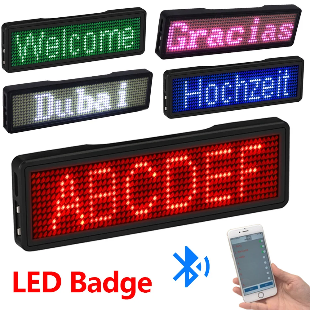 bluetooth led digital badge insignia faca voce mesmo programavel scrolling message board recarregavel mini display led nome emblema 01