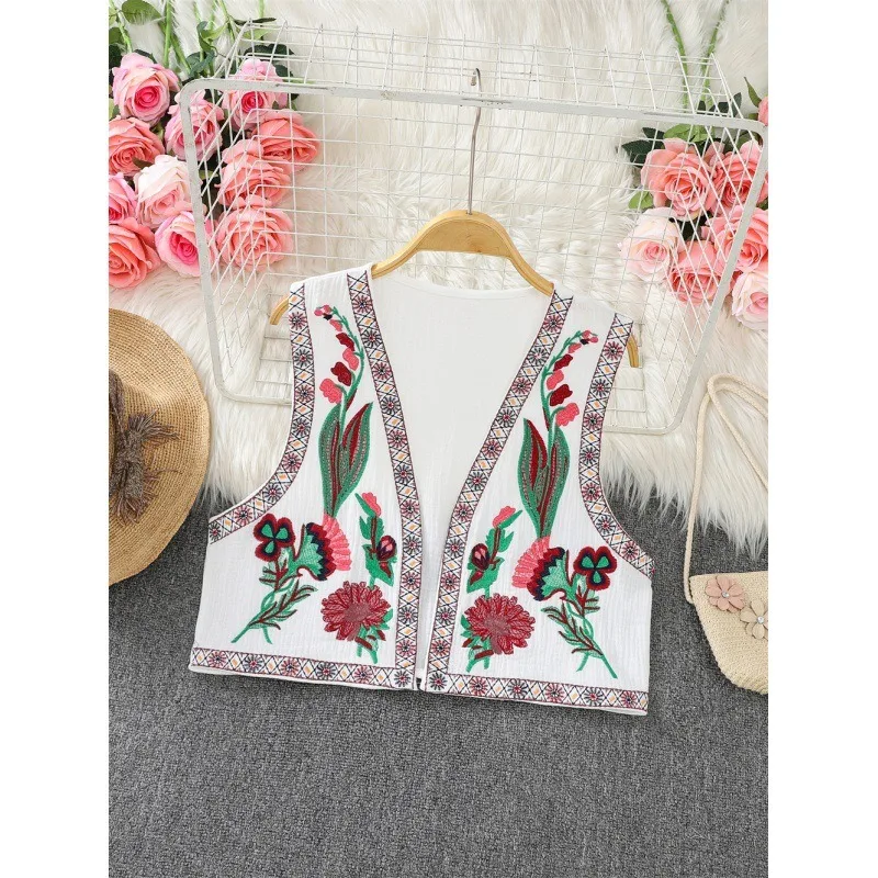 

Ethnic Style Retro Temperament V-neck Embroidered Cardigan Vest Chinese Women's Tops Two Colors Available