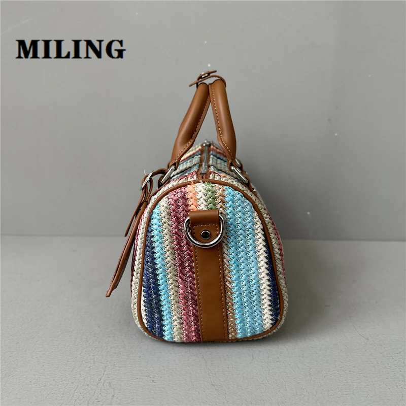 Women Rainbow Straw Boston Bag Striped Crossbody Bag Large Capacity Handbag Adjustable Strap Weaving Beach Bag for Vacation