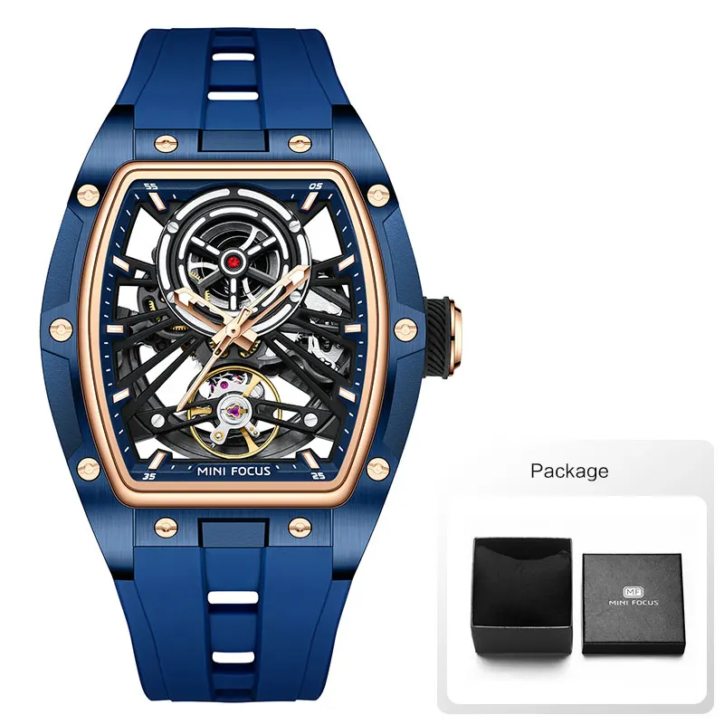 MINIFOCUS Men's Automatic Mechanical Watch Black Tonneau Dial Luminous Hands Silicone Band 8