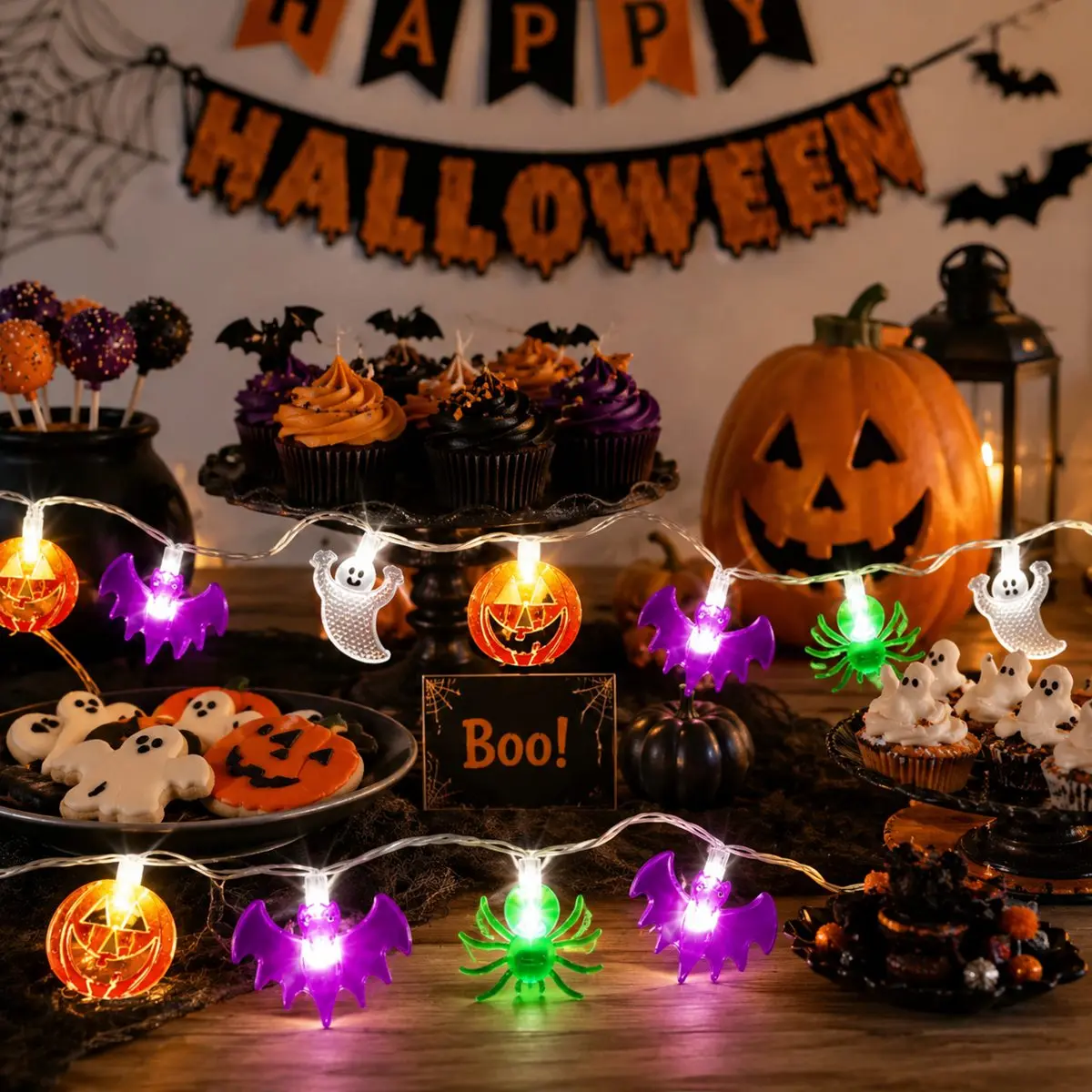 1PC Halloween LED String Lights Mixed Pumpkin Bat Ghost Spider Shapes Fairy Lights White Light For Outdoor Porch Yard Home Decor