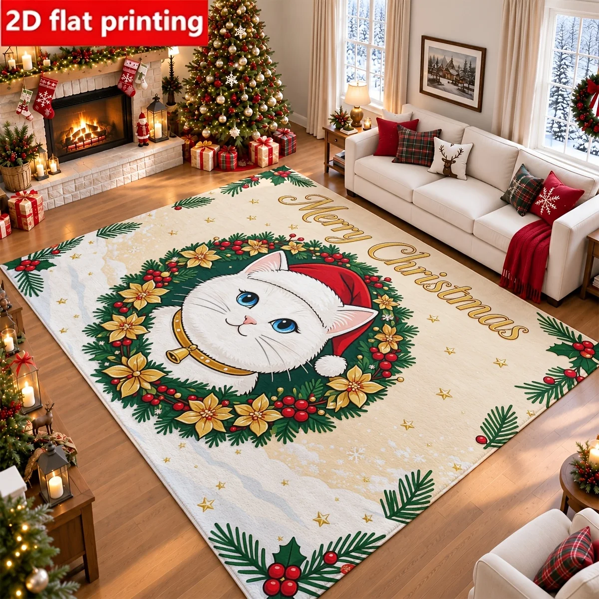 Golden Snowflake Wreath Christmas Area Rug Pine Cone Bow Holly Berry Print Large Floor Mat Elegant Winter Holiday Floor Carpet
