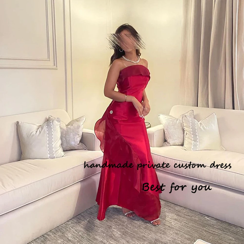 

Red Mermaid Evening Dresses for Women Strapless Arabian Dubai Wedding Guest Dress Ankle Length Formal Prom Gowns 2024