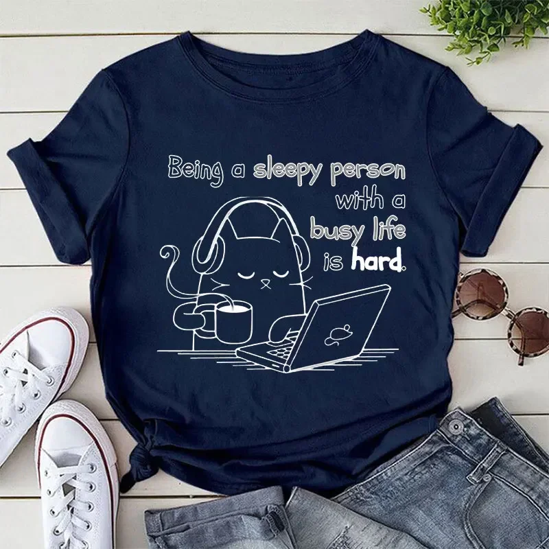 Women's Fashion T Shirt Sleepy Person 2024 Summer O Neck Women's Clothing Busy Life Black and White Tshirts Short-sleeved Shirt