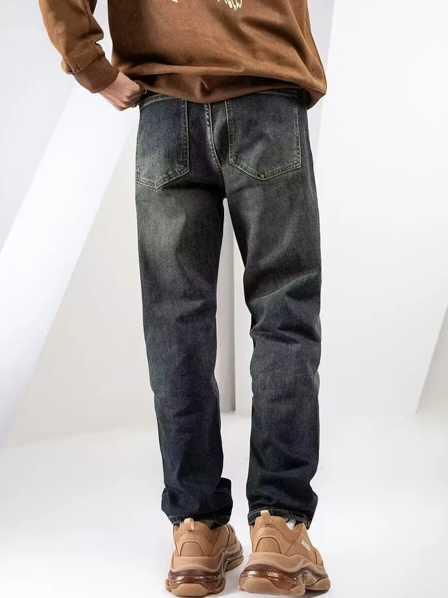 بنطلون جينز رجالي فضفاض مبطن بالساق المستقيمة كاجوال عالي الخصر من قماش الدنيم للشباب بنطال شتوي طويل مرن #5