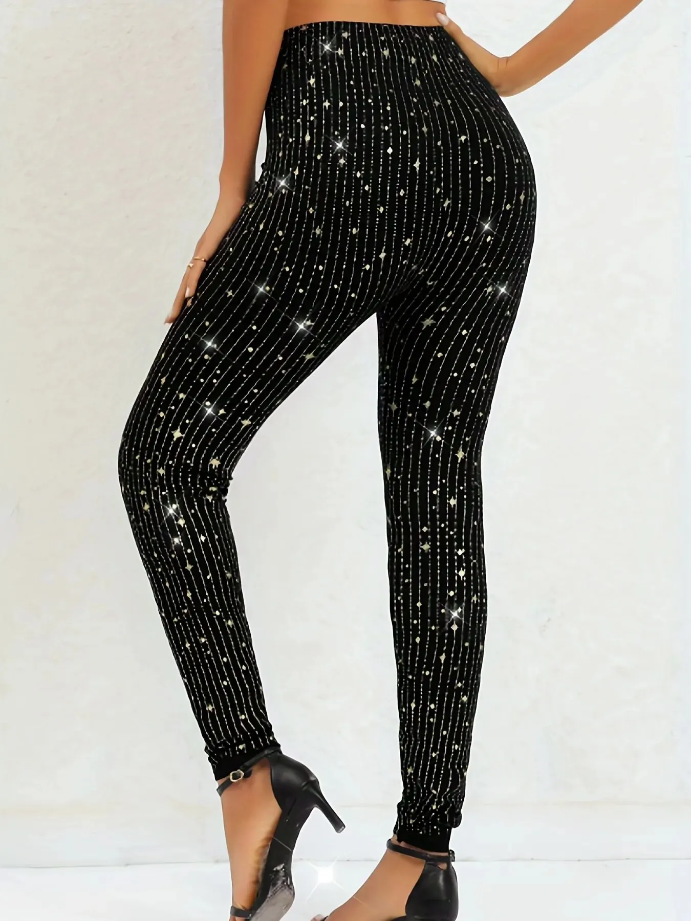 Plus Size Casual Leggings, Women\'s Plus Glitter Dot Print High Rise High Stretch Leggings